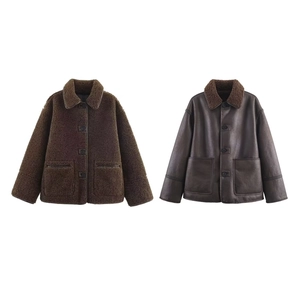 Reversible Winter Jacket Faux Shearling And PU Leather Lapel Collar Button Up Warm Outerwear Casual Fashion For Women