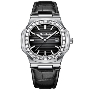 Luxury square men's watch with silver gem-set bezel and black alligator leather strap