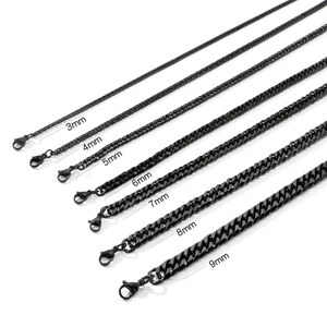 Comparison of black titanium steel curb chain widths from 3mm to 9mm with lobster clasp