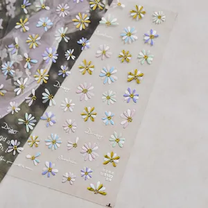 Detailed 3D embossed colorful daisy flower nail art stickers with metallic edges TO-5102