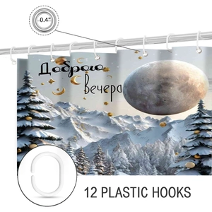 Detail view of 0.4-inch metal grommets and white C-shaped plastic hooks for shower curtain