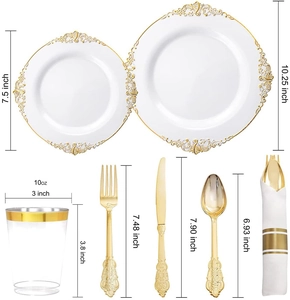 White disposable plates set with gold embossed edges and dimension detail callouts