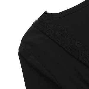 Close-up of black ribbed knit top featuring delicate lace trim on the V-neckline