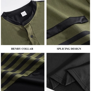 Men's slim fit V-neck shirt with olive green and black stripes and Henry collar details