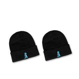 Pair of black knit beanies featuring blue cartoon dinosaur embroidery on white background