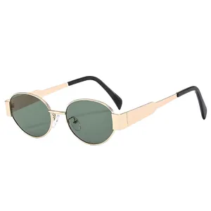 Retro ovale Sonnenbrille mit goldenem Metallrahmen und dunkelgrünen Gläsern für Damen