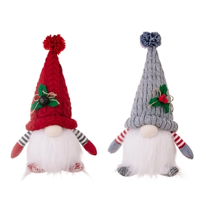 Gnome Christmas plush ornaments with knitted hats and bells on white background