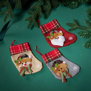 Christmas Stocking Linen Fabric 3D Santa Snowman Elk Hanging Ornament Festive Holiday Gift Bag Home Decor