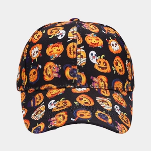 Detailed view of Halloween baseball cap featuring orange pumpkin and white ghost patterns