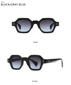 Front and side view of narrow rectangular black sunglasses with gray-blue gradient lenses
