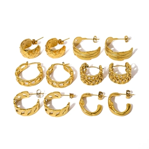 Six pairs of 18K gold-plated C-shaped earrings with varied textures on white background