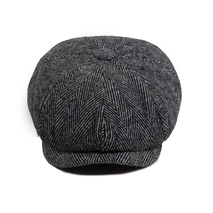 Classic gray herringbone newsboy cap for men featuring premium wool texture and retro style