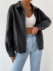 Detail shot of black faux leather jacket featuring a classic collar and zipper closure