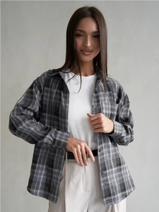Chemise À Carreaux Femmes Coton Polyester Flanelle Manches Longues Revers Surdimensionné Coupe Ample Rétro Décontracté