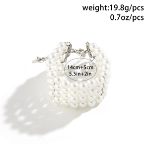 Detail view of 4-layer pearl necklace showing dimensions 14+5cm and weight 19.8g