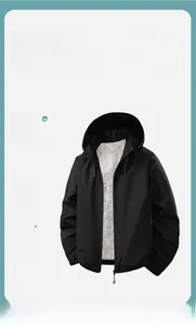 Detail of hooded jacket with warm white fleece lining and durable windproof exterior