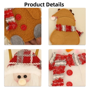 Detail view of Christmas cutlery holders featuring elk, Santa, and snowman fabric crafts