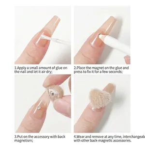 Guide for heart-shaped magnetic plush nail charms application on clean white background