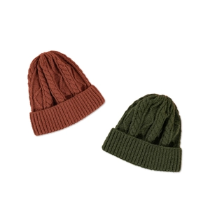 Unisex diamond cable knit beanie in caramel brown and olive green colors