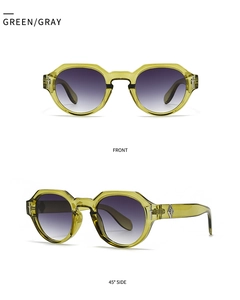 Details von Retro-Sonnenbrille mit grünem Rahmen und grauen Gläsern in Front- und Seitenansicht