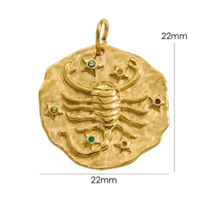 Detail of 22mm 14K gold stainless steel Scorpio pendant with colorful rhinestones