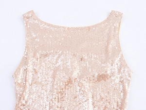 Gros plan de paillettes champagne scintillantes sur le corsage d'une robe sans manches
