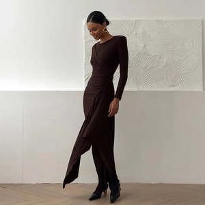 Deep brown long sleeve dress with elegant pleated streamer details and slim fit design