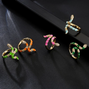 Snake Shape Open Ring Copper 18K Gold Plated Enamel Colorful Cubic Zirconia Adjustable Fashion Jewelry For Women