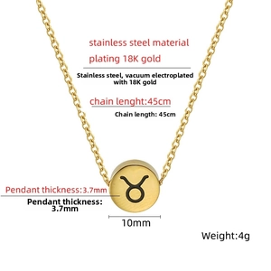 Detail showing 18K gold plated stainless steel Taurus pendant with size and weight specs