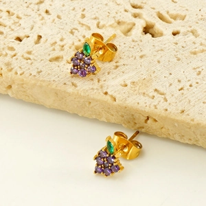 Golden stainless steel grape stud earrings with purple and green cubic zirconia stones