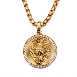 Lion Head Pendant Necklace With Crown Hip Hop Stainless Steel Round Medal Rhinestone Inlaid Jewelry For Men