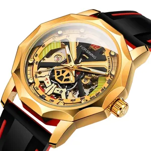 Montre Mécanique Squelette Homme Tachymètre Boîtier en Alliage Polygonal Bracelet en Silicone Décontracté pour Hommes