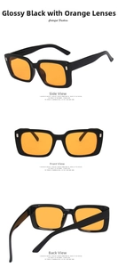 Retro black square sunglasses with vibrant orange lenses shown from multiple viewing angles