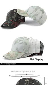 Detail view of floral embroidery on a breathable mesh baseball cap with adjustable strap