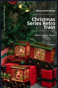Close-up of retro Santa train lantern with glowing miniature snow scene and glitter