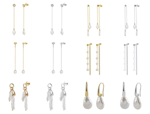 Collection of various S925 silver and gold freshwater pearl drop earrings on white background