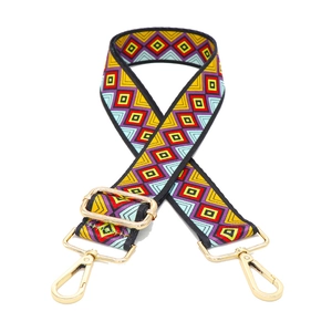 Adjustable wide shoulder strap with colorful geometric pattern and gold metal hardware