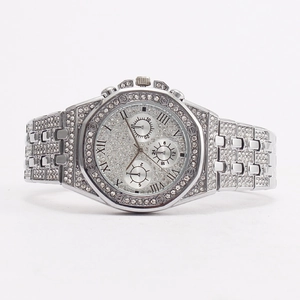 Men's luxury silver steel watch with sparkling crystal encrusted dial and roman numerals