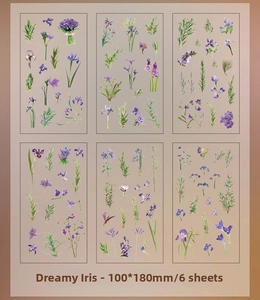 Detailed sheet of purple iris flower decorative PET stickers in 100x180mm 6-piece set