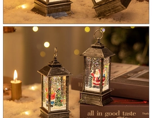 Close-up of Santa Claus and Christmas tree inside a vintage bronze lantern decoration
