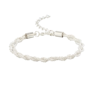 Detailed close-up of silver woven rope chain necklace with lobster clasp and extension