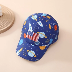 Close-up of kids navy baseball cap with cartoon space prints and US flag embroidery