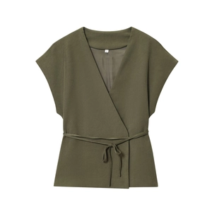 Army green sleeveless V-neck wrap top with waist tie belt on a plain white background