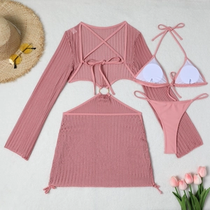 Three-piece pink mesh crochet bikini set with hollow-out beach cover-up skirt