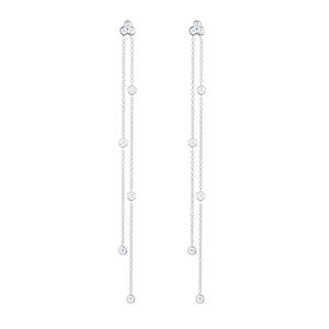 Detail of silver S925 long tassel earrings with sparkling cubic zirconia on double chains
