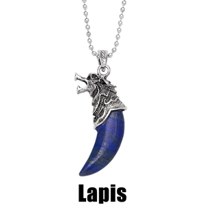 Wolfskop hanger ketting in zilver met lapis lazuli steen en kralenketting