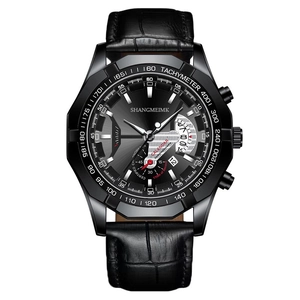 Men's business chronograph watch with black leather strap and tachymeter dial