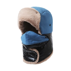 Blue and black winter ushanka hat with integrated face mask and warm faux fur lining