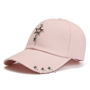 Pink cotton baseball cap with silver metal star pendant and triple brim rings
