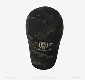 Top view of camouflage baseball cap with shield embroidery and breathable eyelets